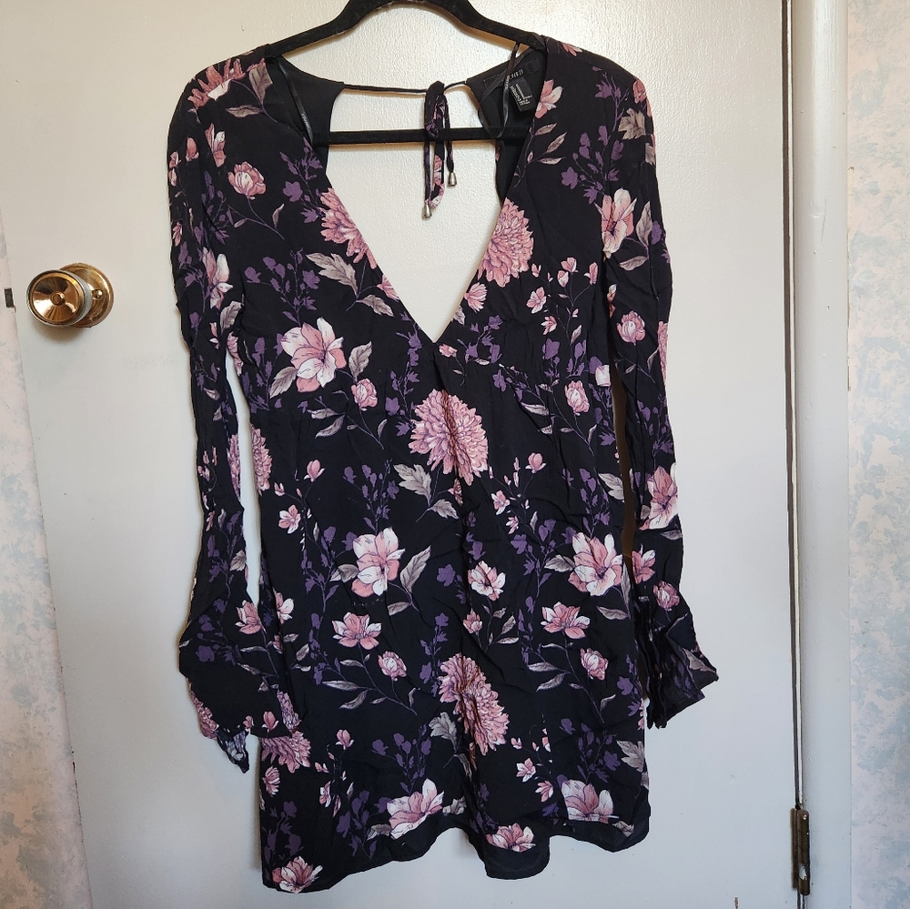 Forever 21 Black Purple Pink Floral Long Sleeve Low Cut Front and Back Dress